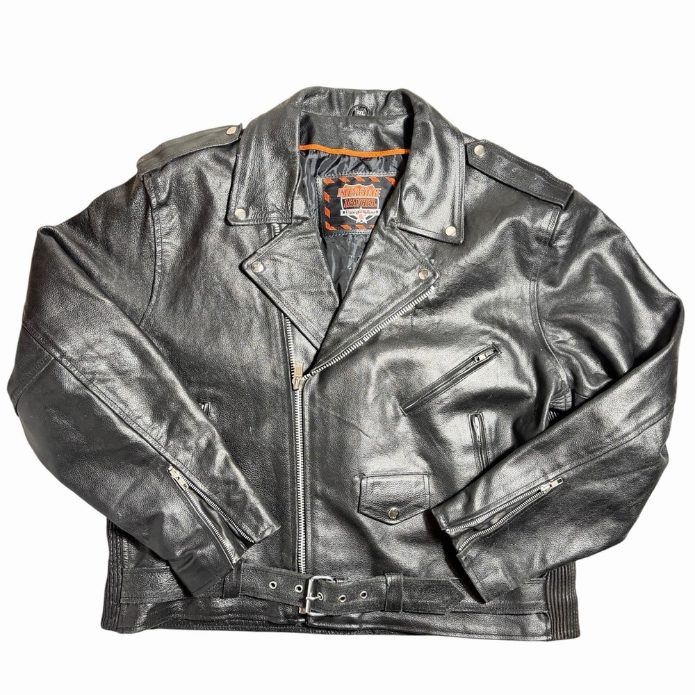 Interstate Leather 3XL Black Leather Motorcycle Biker Jacket Belted Moto